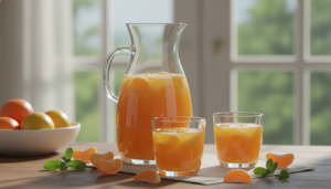 Zumo casero de mandarina y limón en jarra con frutas cítricas