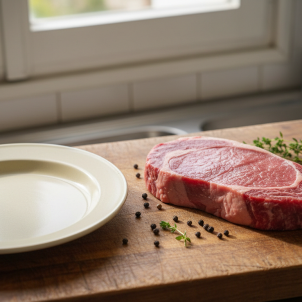 Filetes de carne fresca sobre tabla de madera con termómetro de cocina