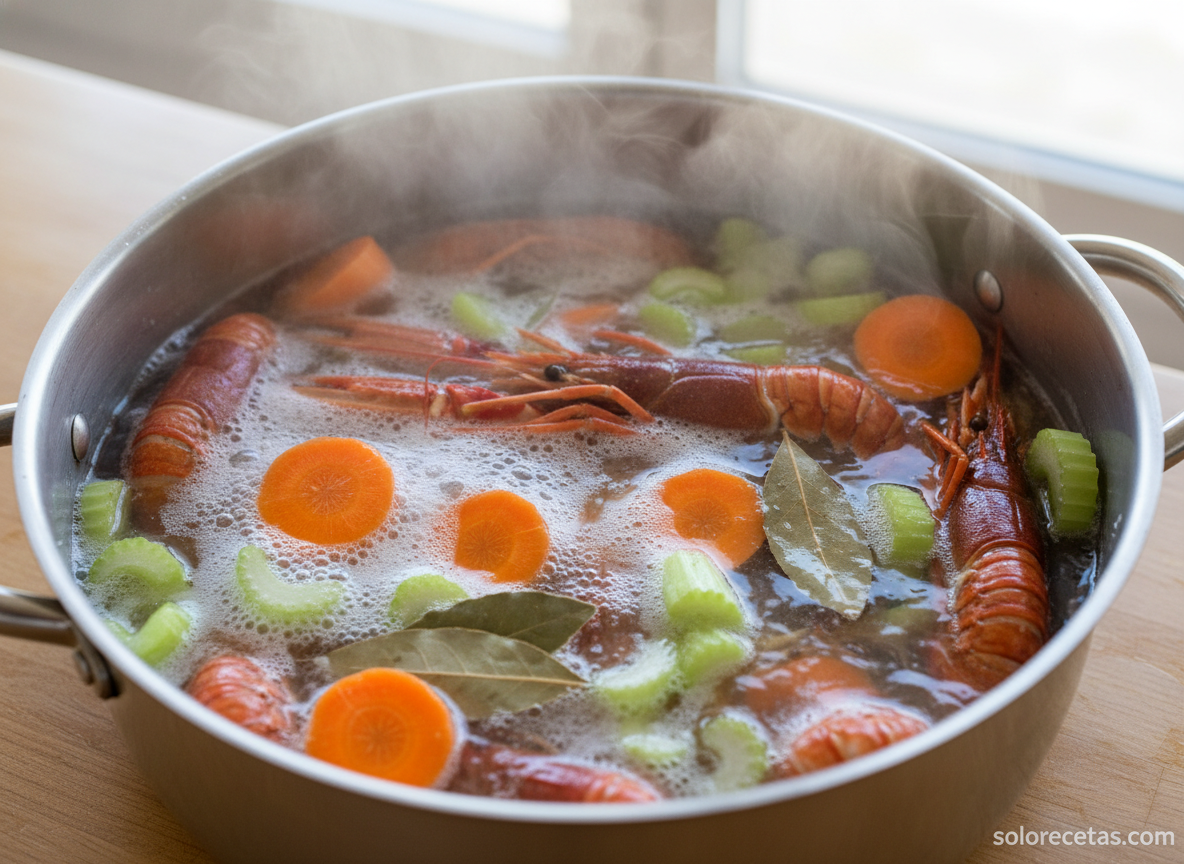 Cigalas frescas cociendo en caldo corto con zanahoria y apio