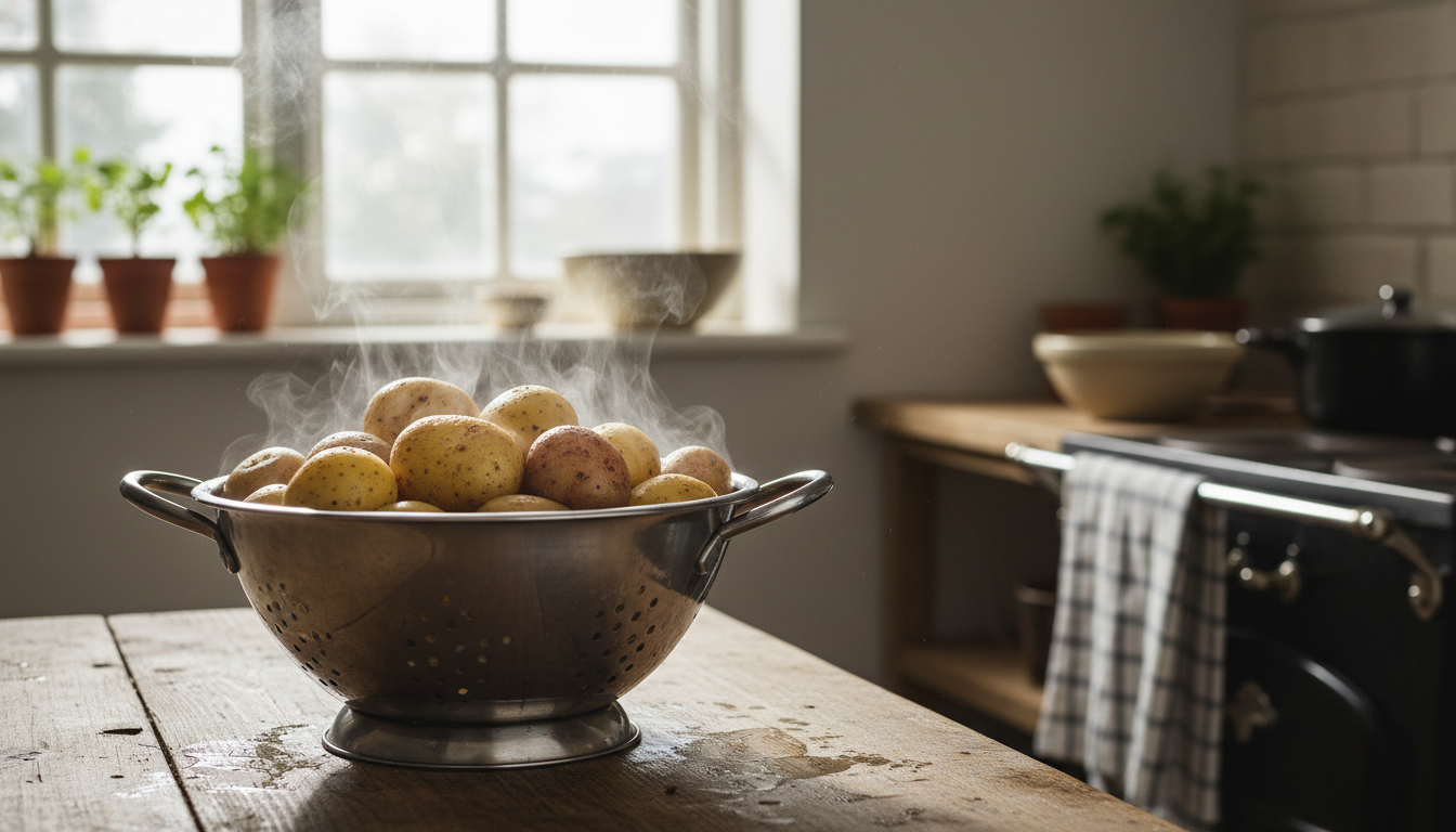 Patatas cocidas con piel escurriendo en un colador