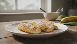 Bananas fritas con coco rallado doradas en un plato blanco