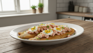 Lenguado con gambas: filetes rebozados con picadillo de gambas, huevo y perejil