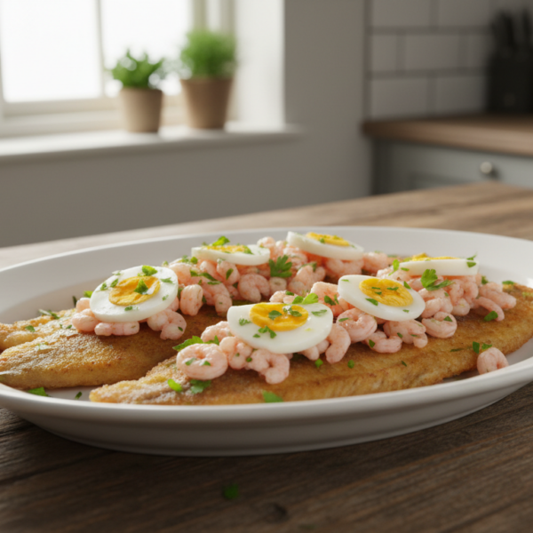 Lenguado con gambas: filetes rebozados con picadillo de gambas, huevo y perejil