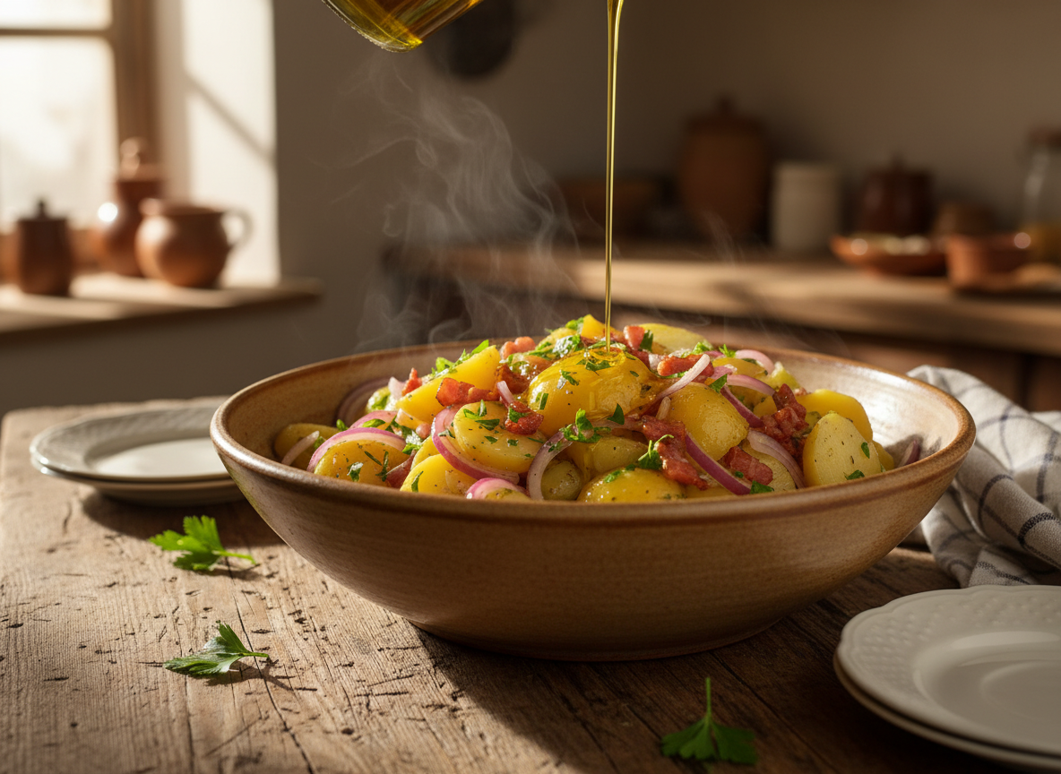 Ensalada alemana de patatas lista con perejil y aceite de oliva