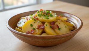 Ensalada alemana de patatas con bacon y cebolla en fuente de cerámica