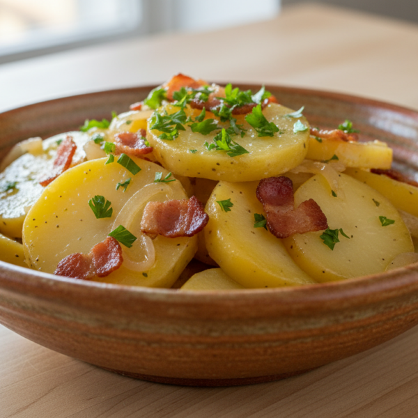 Ensalada alemana de patatas con bacon y cebolla en fuente de cerámica