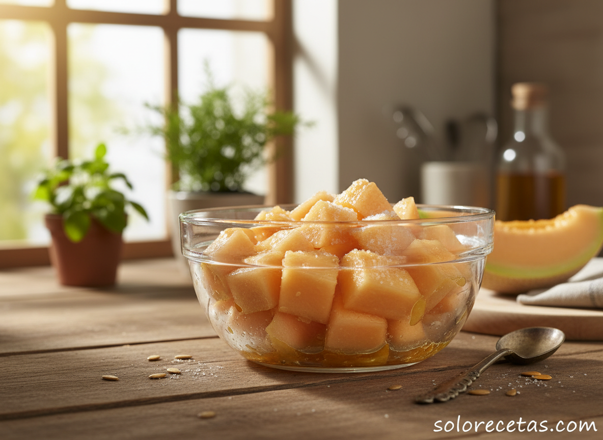 Pulpa de melón mezclada con ron, azúcar y zumo de limón en bol de cristal