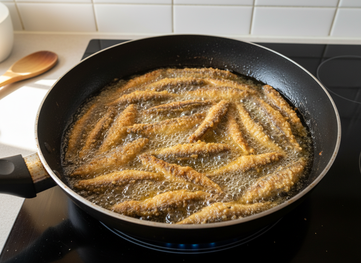 Boquerones fritos en aceite de oliva muy caliente en la sartén