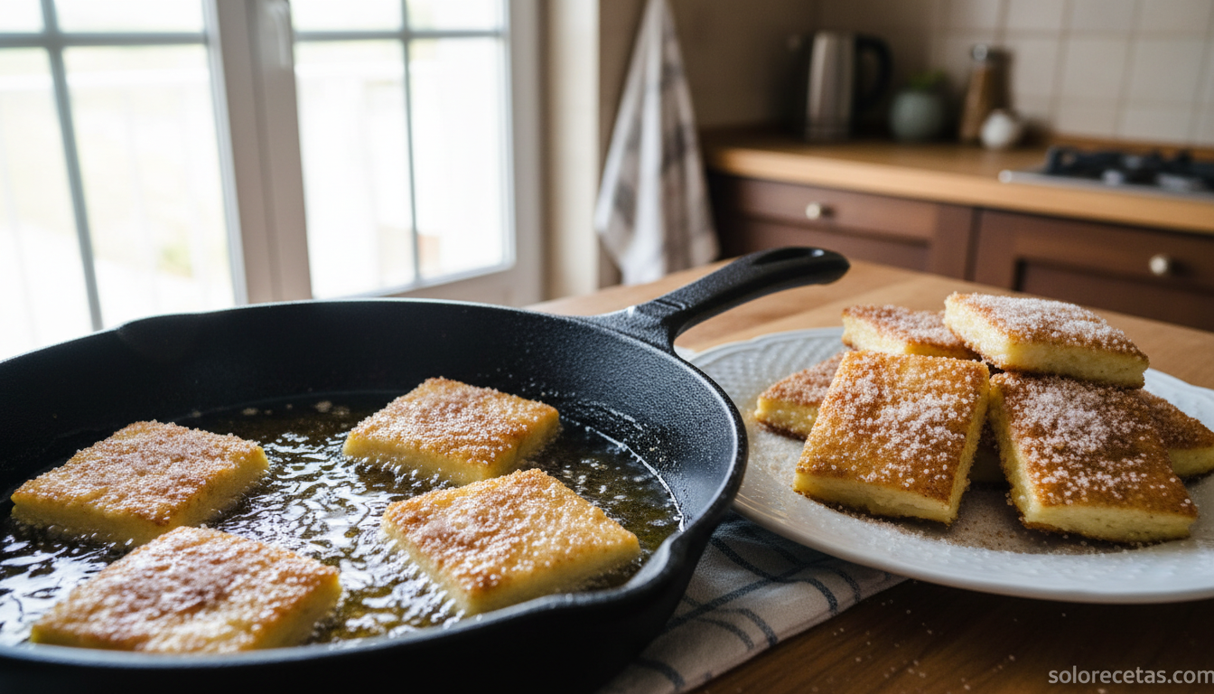 Leche frita casera: receta tradicional crujiente paso a paso 3 Cuadrados de leche frita dorándose en aceite de oliva caliente