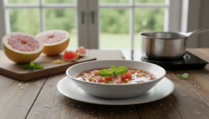 Salsa de pomelo con coñac en bol blanco