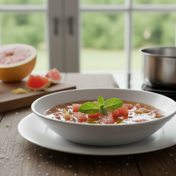 Salsa de pomelo con coñac en bol blanco