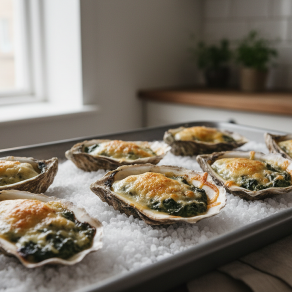 Ostras gratinadas con crema de espinacas