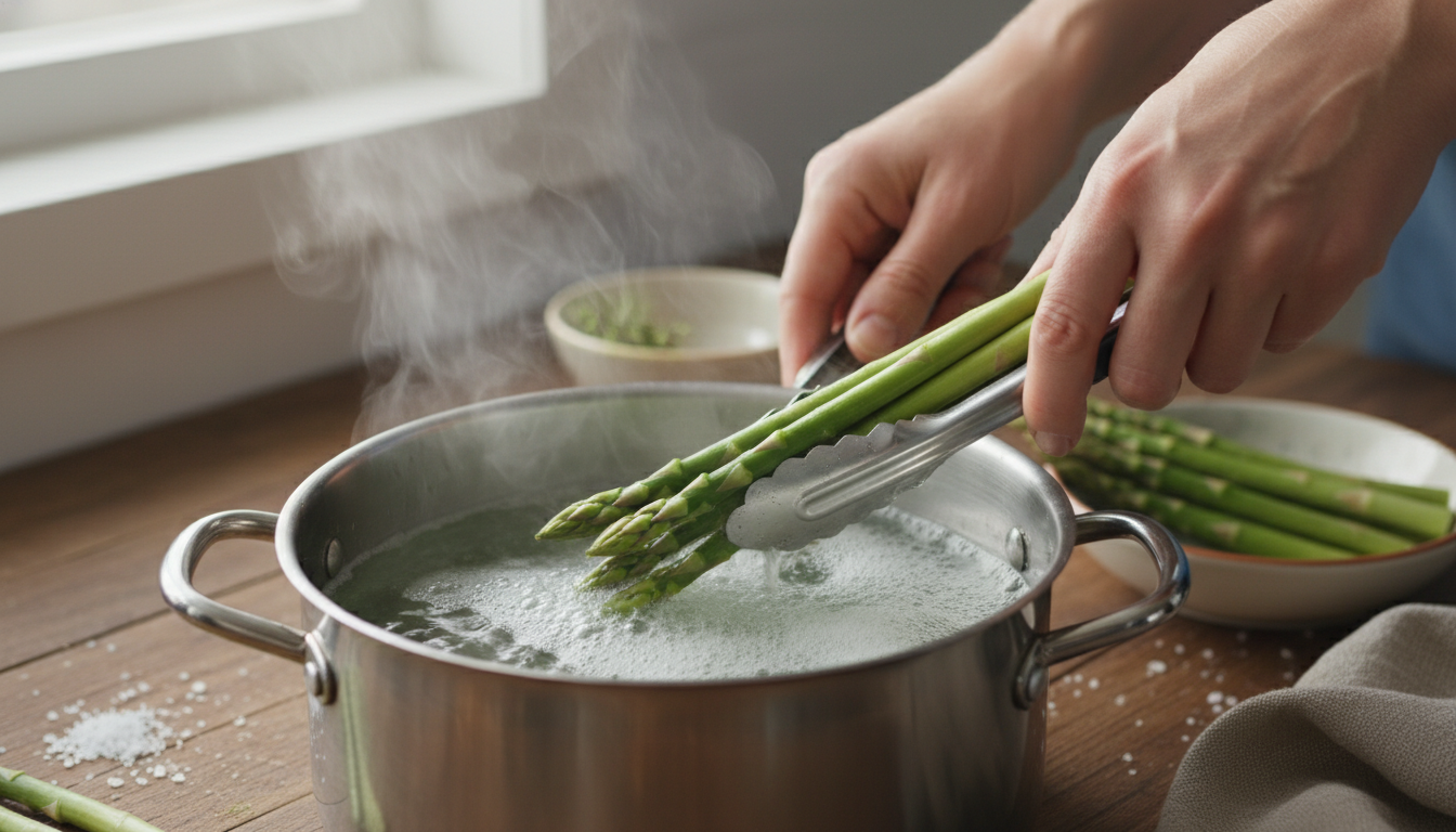 Espárragos a la parmesana al horno 1 Espárragos verdes cociendo en agua con sal