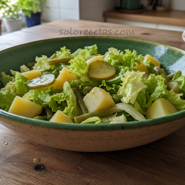 Ensalada de judías verdes con patatas, lechuga y pepinillos en vinagre