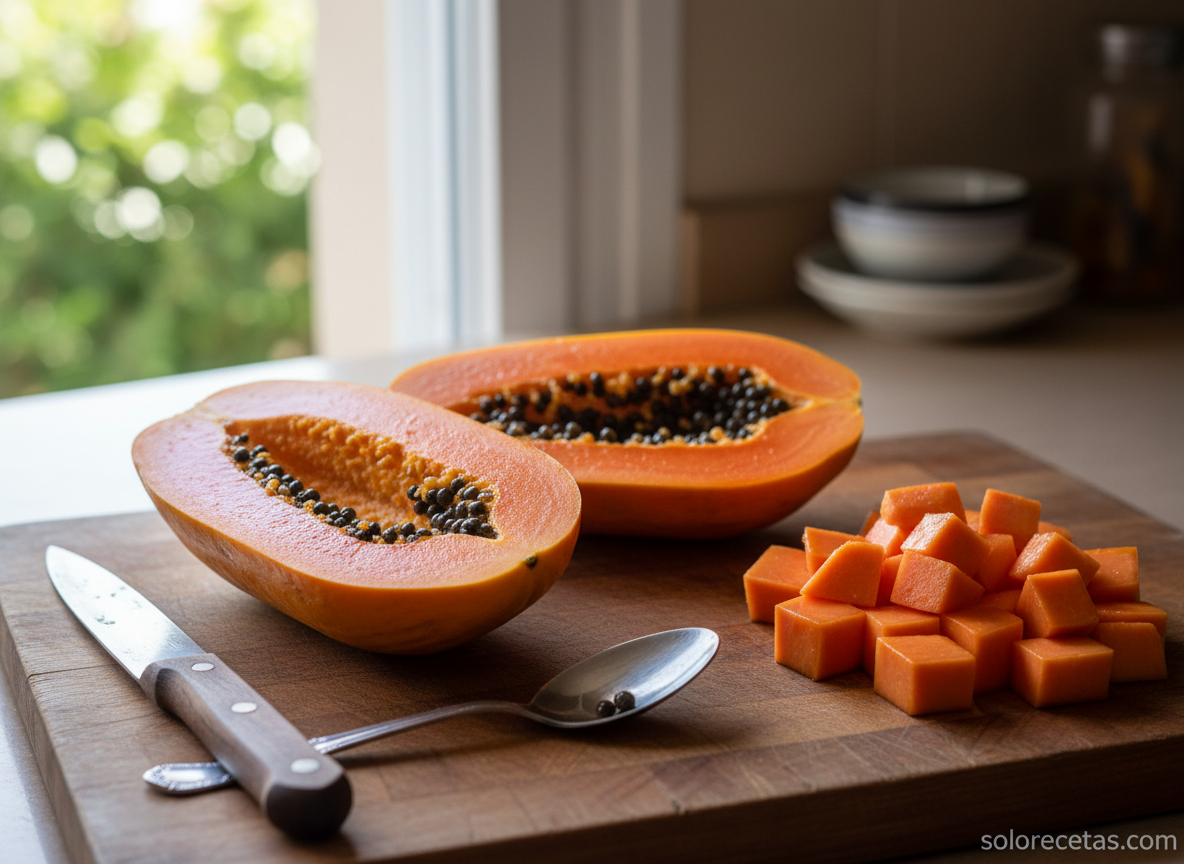 Papaya pelada y cortada en dados sobre tabla de madera