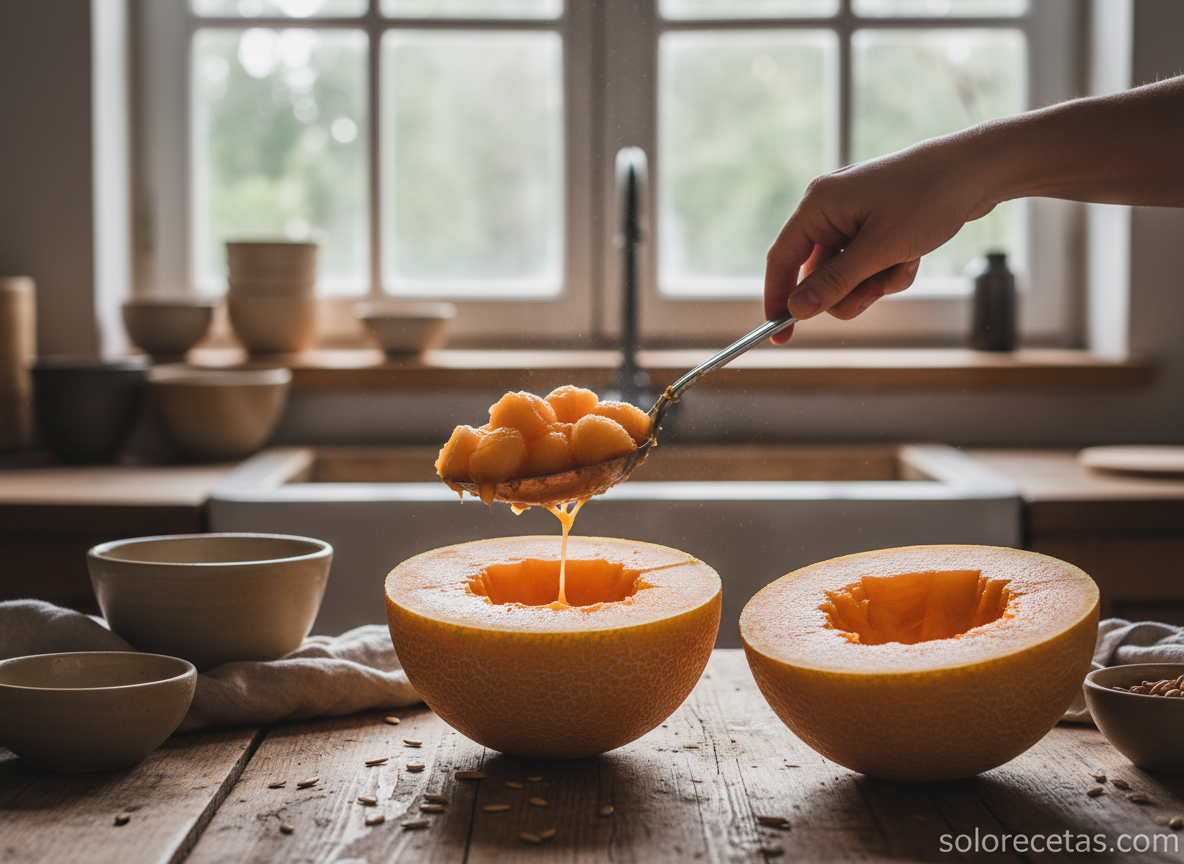 Vaciando la pulpa del melón con cuchara para hacer los cuencos naturales