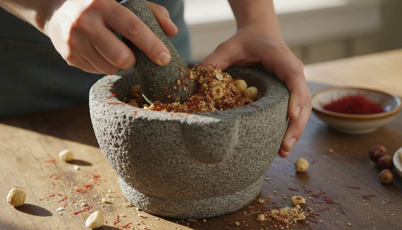 Machacando avellanas, ajo y azafrán en un mortero para la salsa