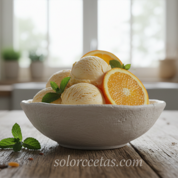 Helado de naranja casero sin heladera en bol de cerámica blanca