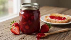 Tarro de mermelada de fresa casera con fresas frescas y tostada al fondo