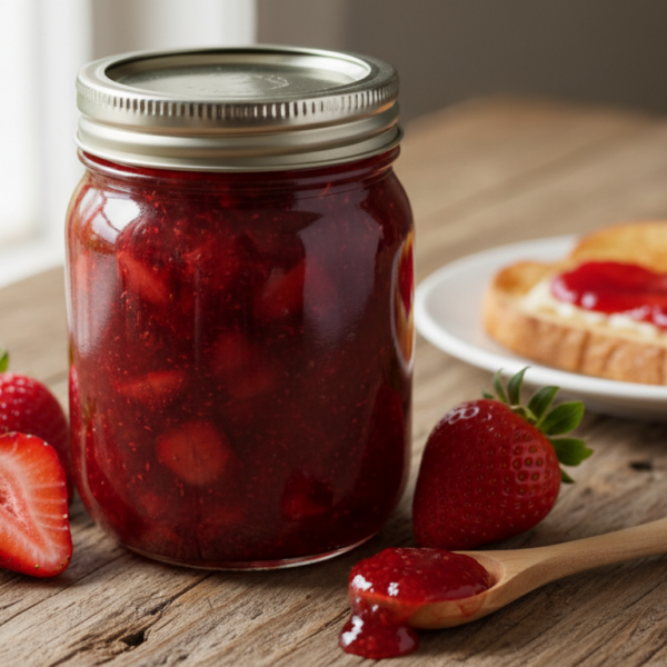 Tarro de mermelada de fresa casera con fresas frescas y tostada al fondo