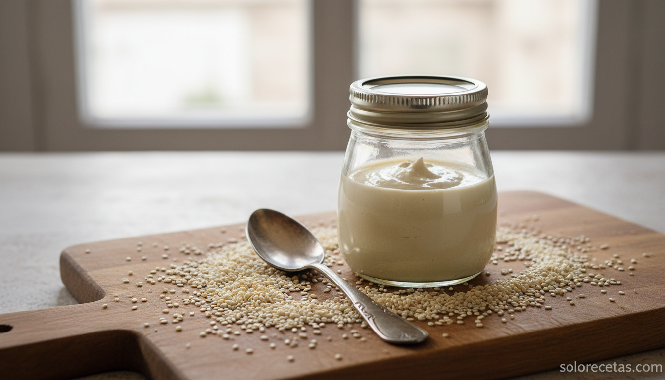 Tarro de cristal con tahini casero terminado y semillas de sésamo alrededor