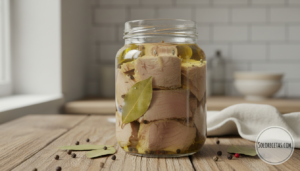 Atún en aceite casero en tarro de vidrio con laurel y pimienta