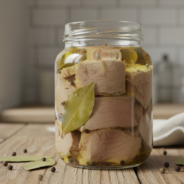 Atún en aceite casero en tarro de vidrio con laurel y pimienta