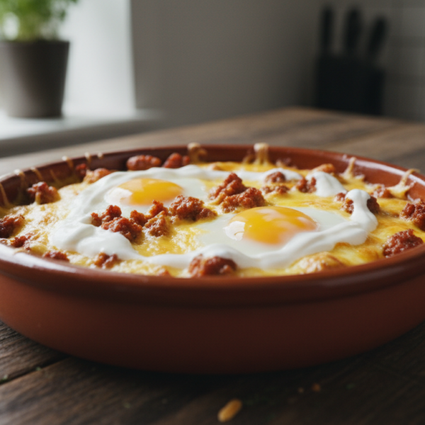 Huevos al plato con chorizo y queso fundido