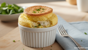 Soufflé marinero de merluza dorado en ramequin individual servido recién salido del horno
