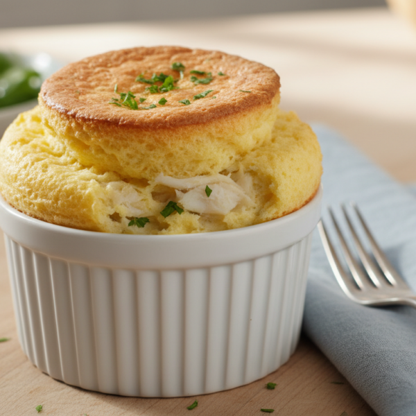 Soufflé marinero de merluza dorado en ramequin individual servido recién salido del horno