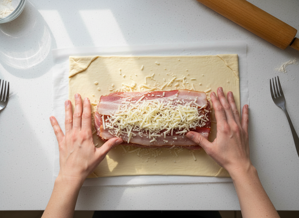 Lomo en hojaldre con bacon y queso: receta al horno 1 Lomo de cerdo con bacon y queso sobre lámina de hojaldre antes de enrollar