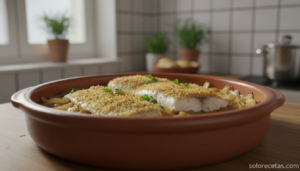 Lomos de merluza al horno con cebolla y pan rallado dorado en fuente de barro