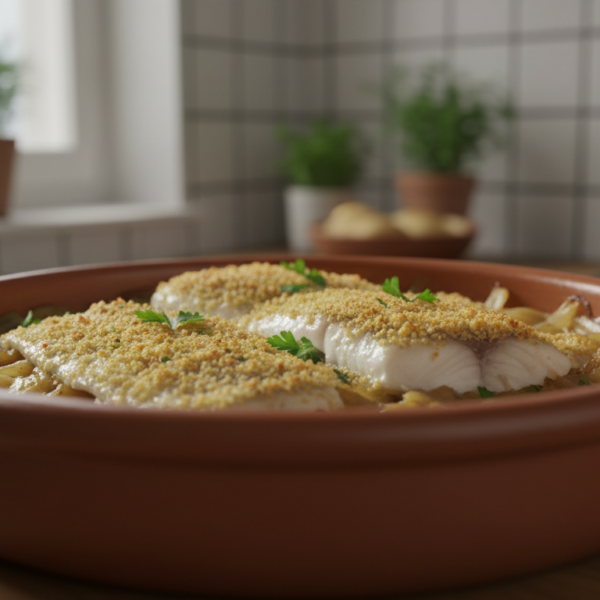 Lomos de merluza al horno con cebolla y pan rallado dorado en fuente de barro