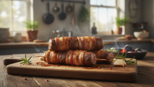 Brochetas de carne envuelta en bacon dorado y crujiente