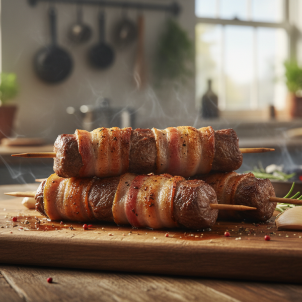 Brochetas de carne envuelta en bacon dorado y crujiente