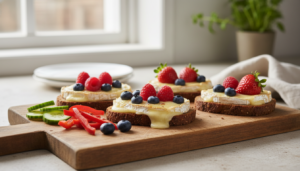Tostadas de brie fundido con frutos rojos sobre pan de centeno