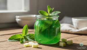 Jalea de menta casera con manzana en tarro de cristal con hojas de menta fresca