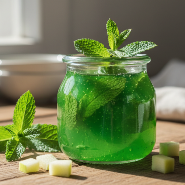 Jalea de menta casera con manzana en tarro de cristal con hojas de menta fresca