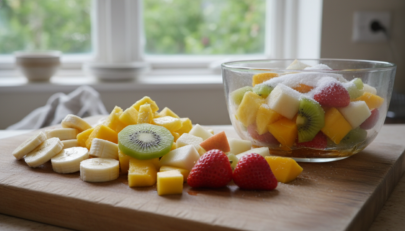 Brochetas de frutas a la barbacoa con coñac y azúcar 1 Fruta troceada macerando con azúcar y coñac para las brochetas