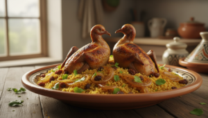 Cuscús marroquí con pichones al azafrán, pasas y cebolla caramelizada