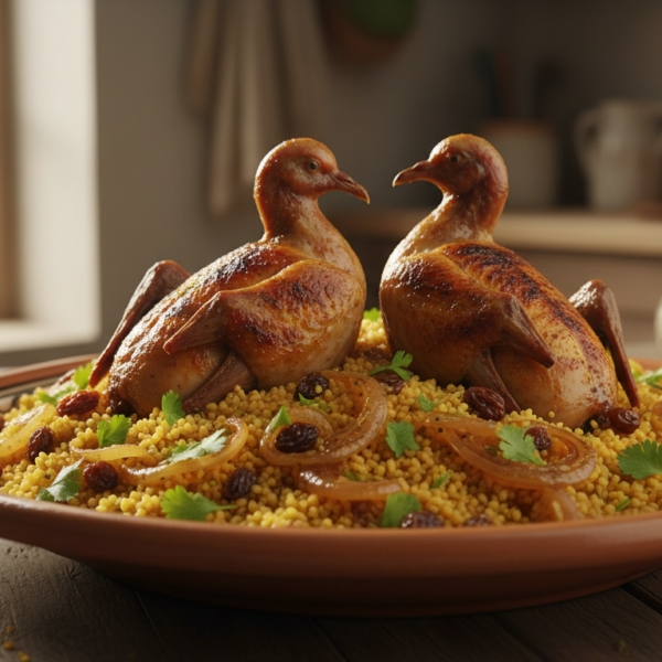 Cuscús marroquí con pichones al azafrán, pasas y cebolla caramelizada