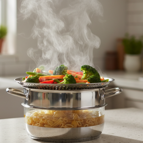Olla con cestillo de vapor para cocinar dos alimentos a la vez