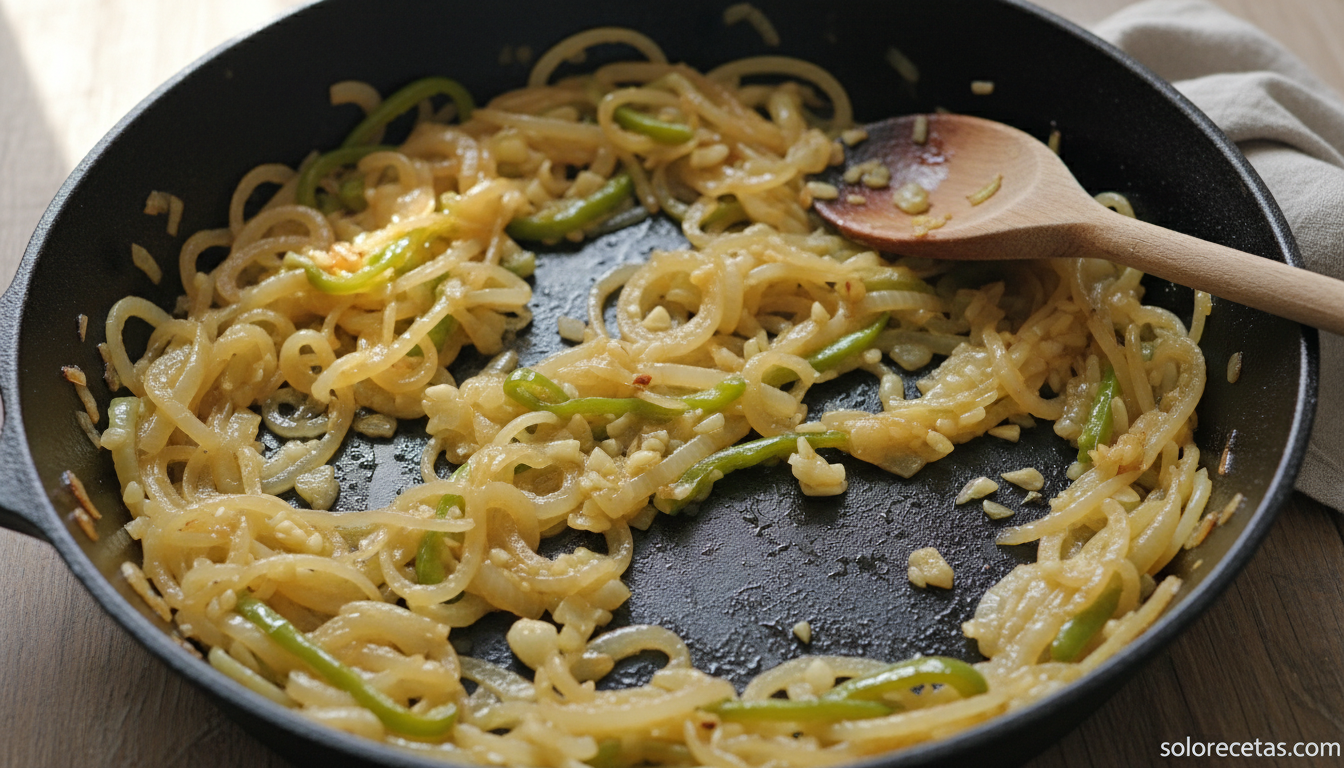 Cebolla pochada con pimiento verde y ajo en sarten