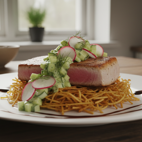 Atún con salsa de pepino y rábano al estilo japonés