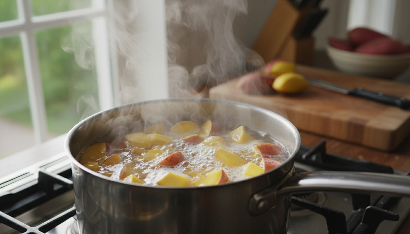 Batata cocida en una cazuela con agua