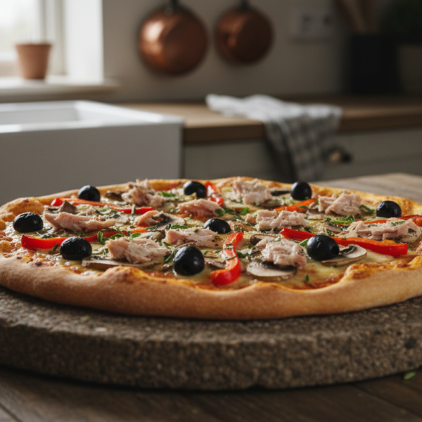 Pizza de bonito con champiñones y pimiento asado