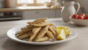Boquerones fritos crujientes en plato blanco con limón
