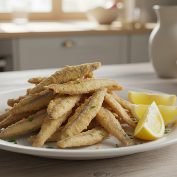 Boquerones fritos crujientes en plato blanco con limón