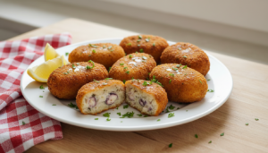 Croquetas de pulpo doradas y crujientes en plato blanco con limón y perejil