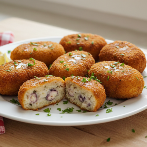 Croquetas de pulpo doradas y crujientes en plato blanco con limón y perejil